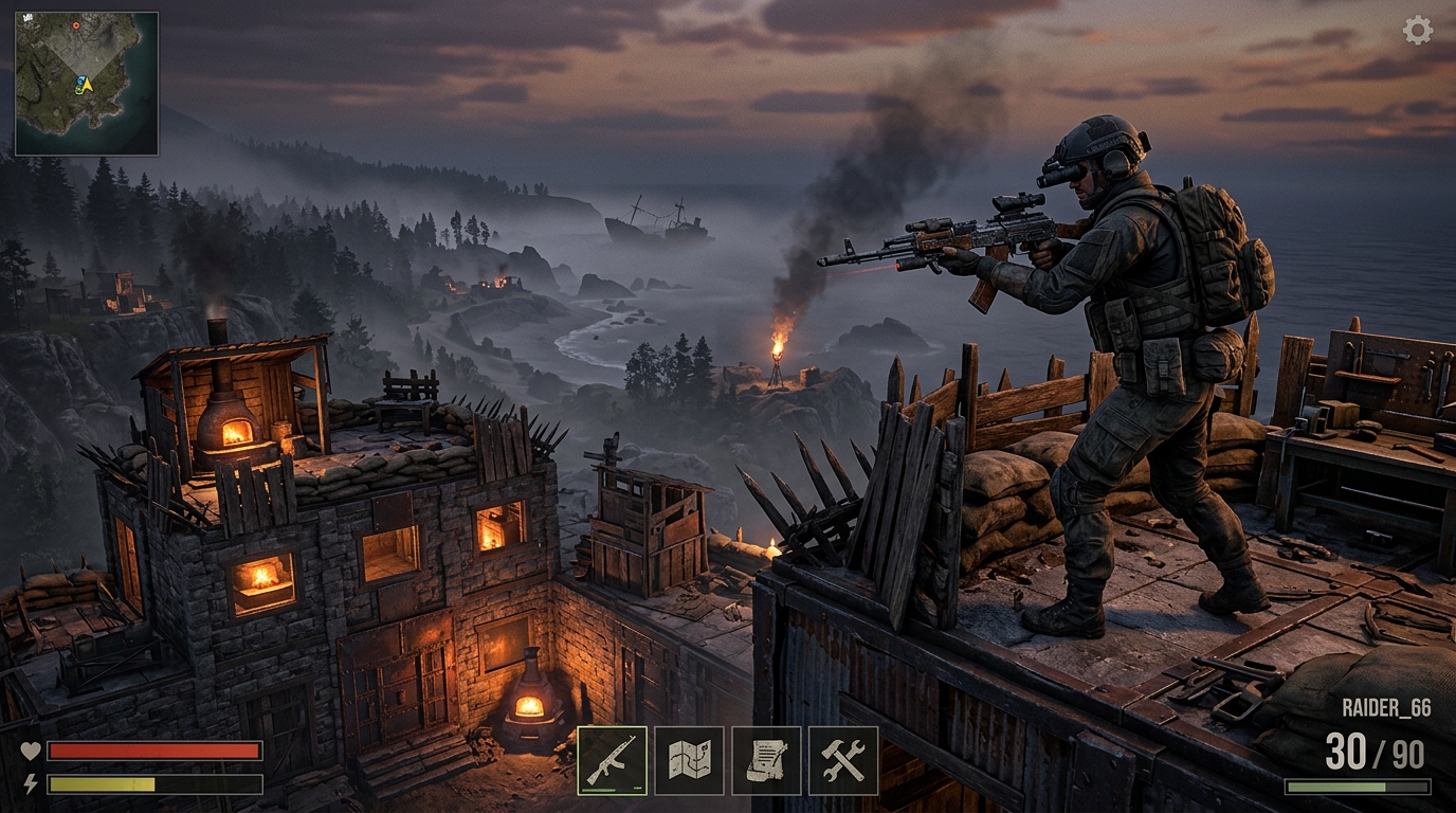Base fortificada e operador armado no jogo Oxide: Survival Island Mobile